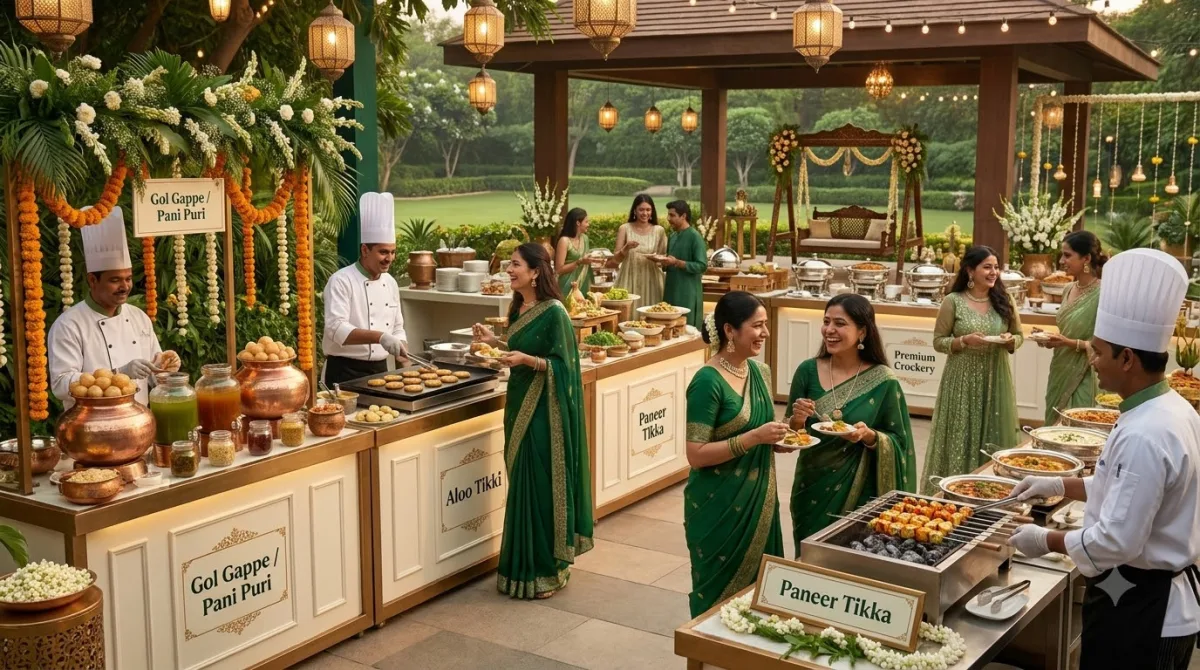 Hariyali Teej live food stalls with Gol Gappe, Aloo Tikki and Indian chaat catering in Gurgaon