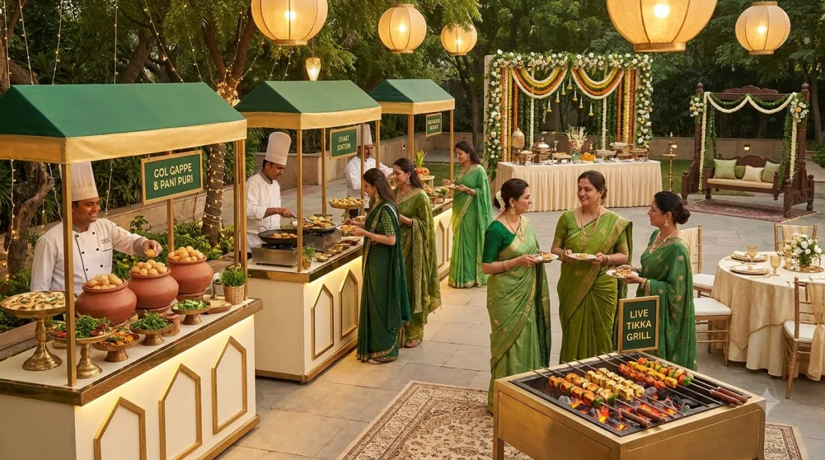 Premium Hariyali Teej catering setup in Gurgaon with live food counters and guests in traditional green attire